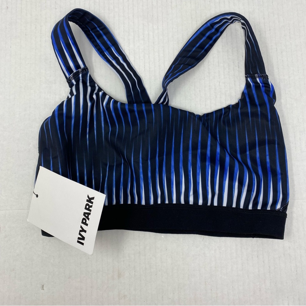NEW ~ IVY PARK Beyoncé Active Wear  Black & Blue Striped Sports Bra size Medium